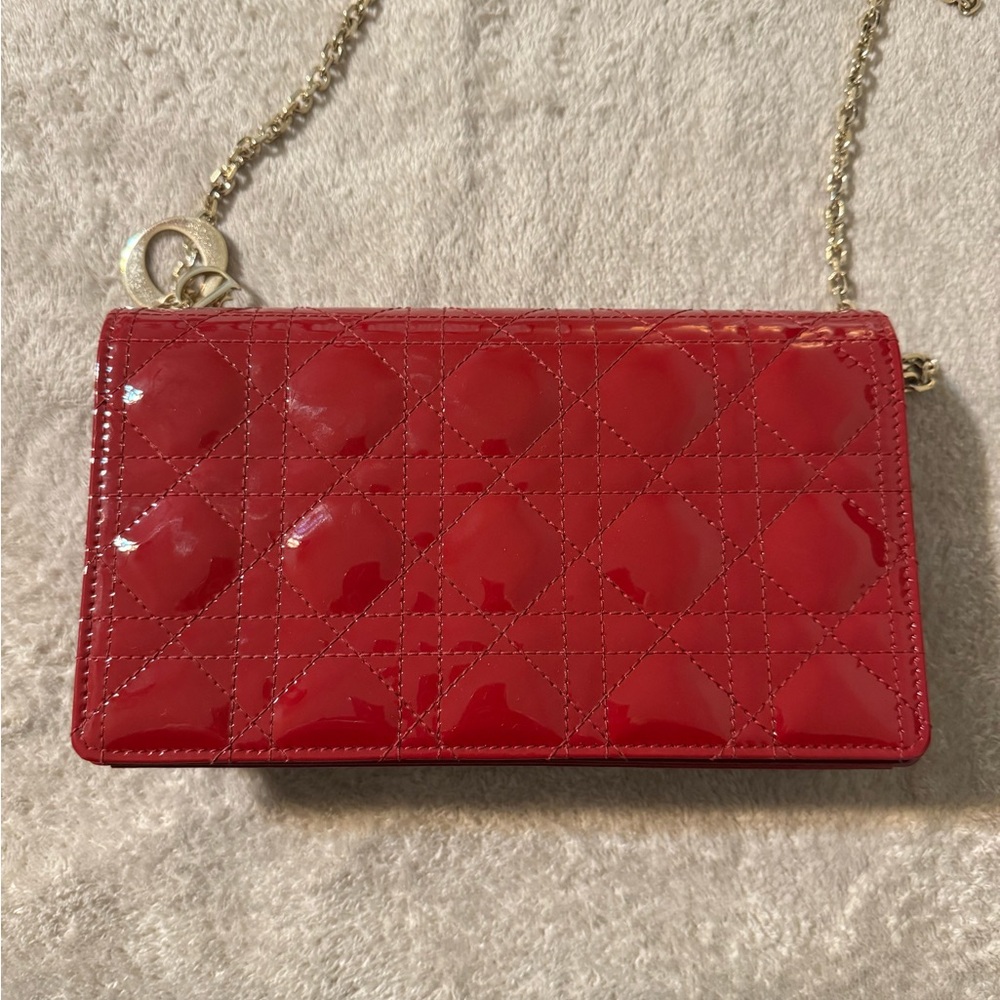Lady Dior Pouch with Chain in Patent CalfSkin Rouge Ceris color